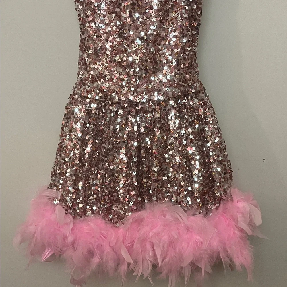 Weissman Pink Sequin Dance Costume with feathers size Adult Small - Picture 7 of 11